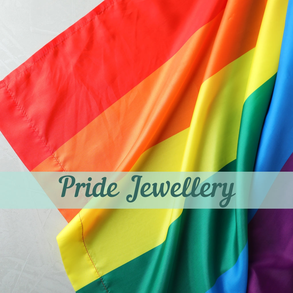 Rainbow Pride flag with text saying Pride jewellery
